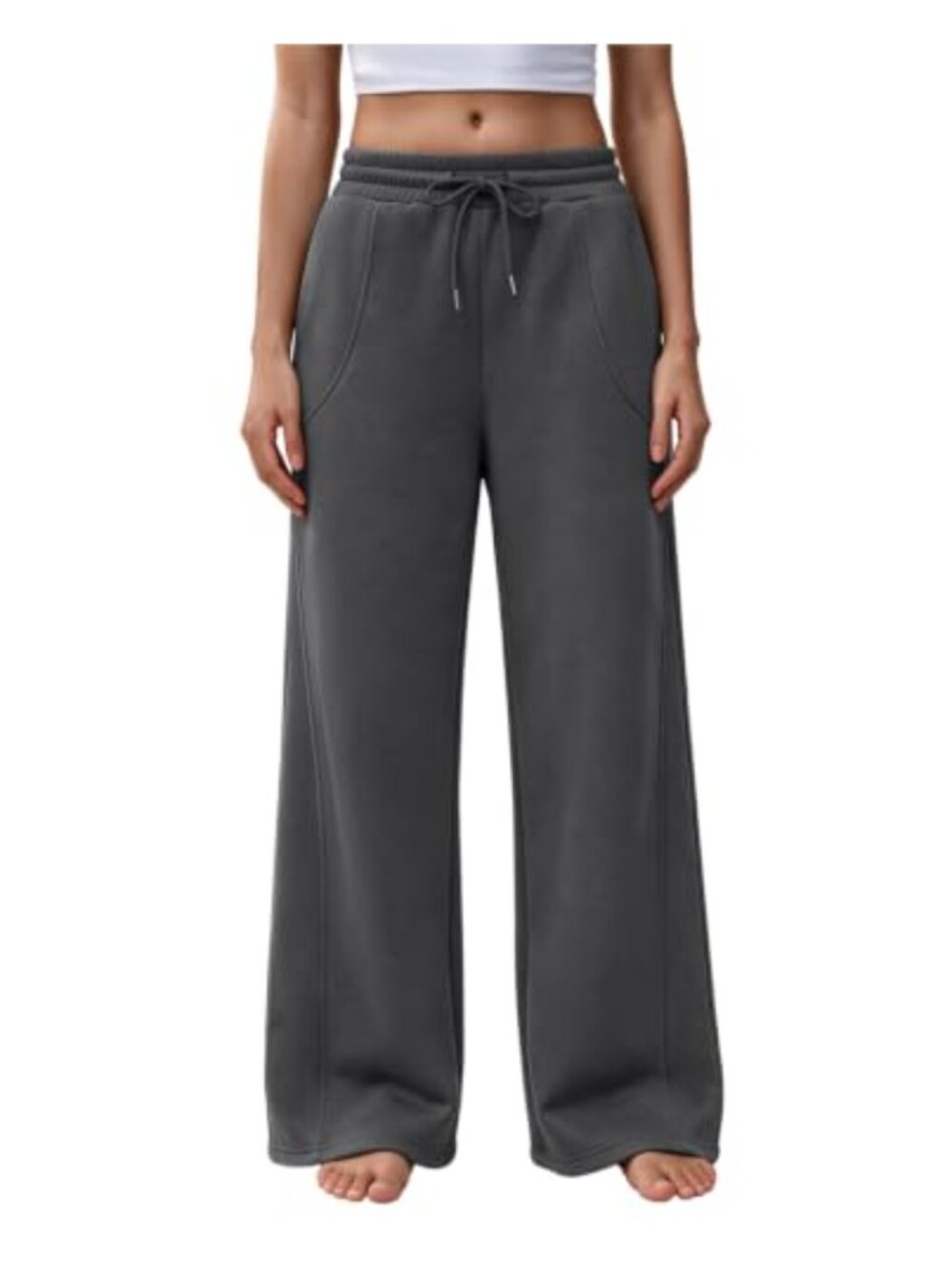 Womens Fleece Lined Wide Leg Sweatpants Pockets High Rise Drawstring